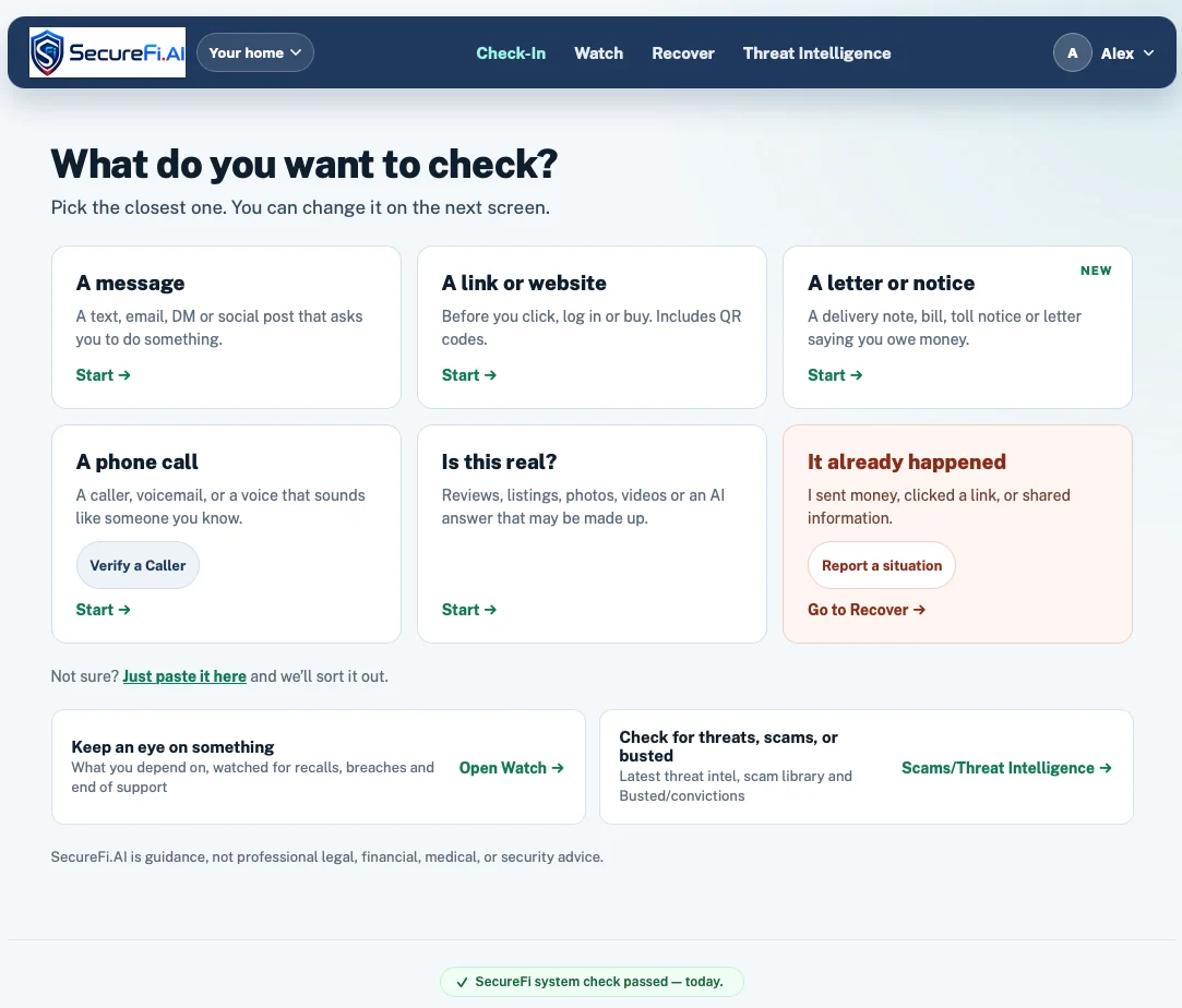 SecureFi screen: Check a message, link or call
